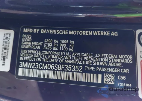 2025 BMW 230 I из США, поврежденный, VIN 3MW23CM06S8F35352